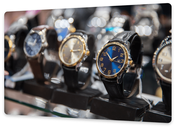 Verschiedene Armbanduhren auf Ausstellungsstand