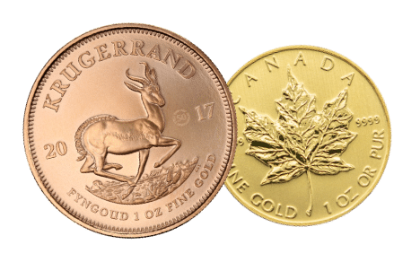 Goldmünzen: Krügerrand und kanadisches Ahornblatt