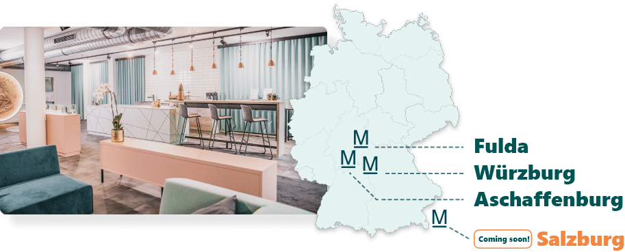Moderne Lounge, Karte von Deutschland mit Städtenamen.