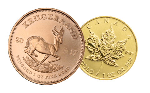 Krugerrand und kanadische Goldmünze, Vorderseitenansicht.